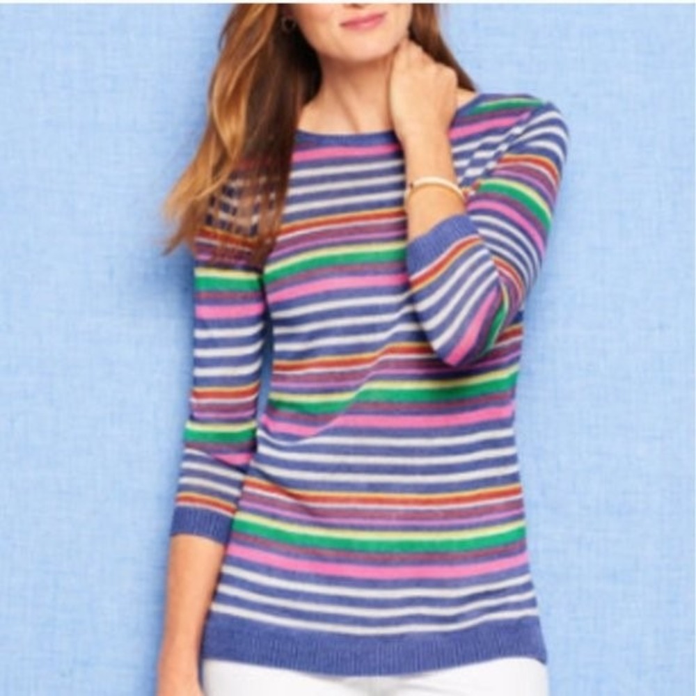 Talbots 100% Linen Rainbow Striped 3/4 Sleeve Scoop Neck Knit Sweater Small